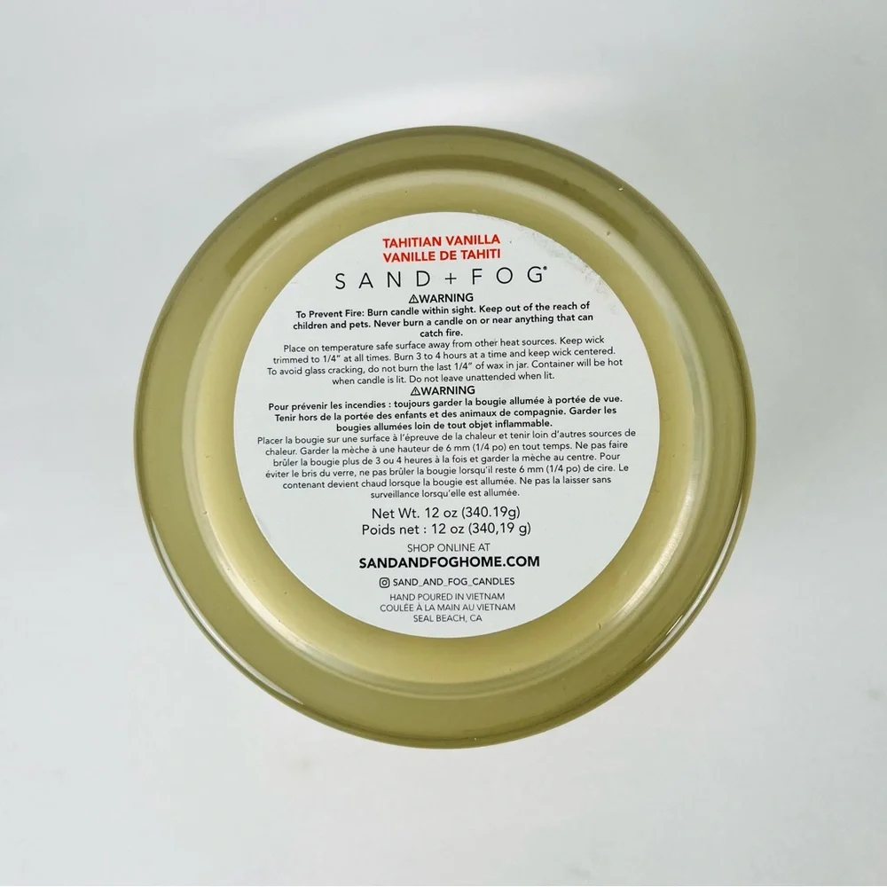 NWT Sand + Fog Tahitian Vanilla Candle 2 Wick 12oz Dark Cream Jar Wood Lid